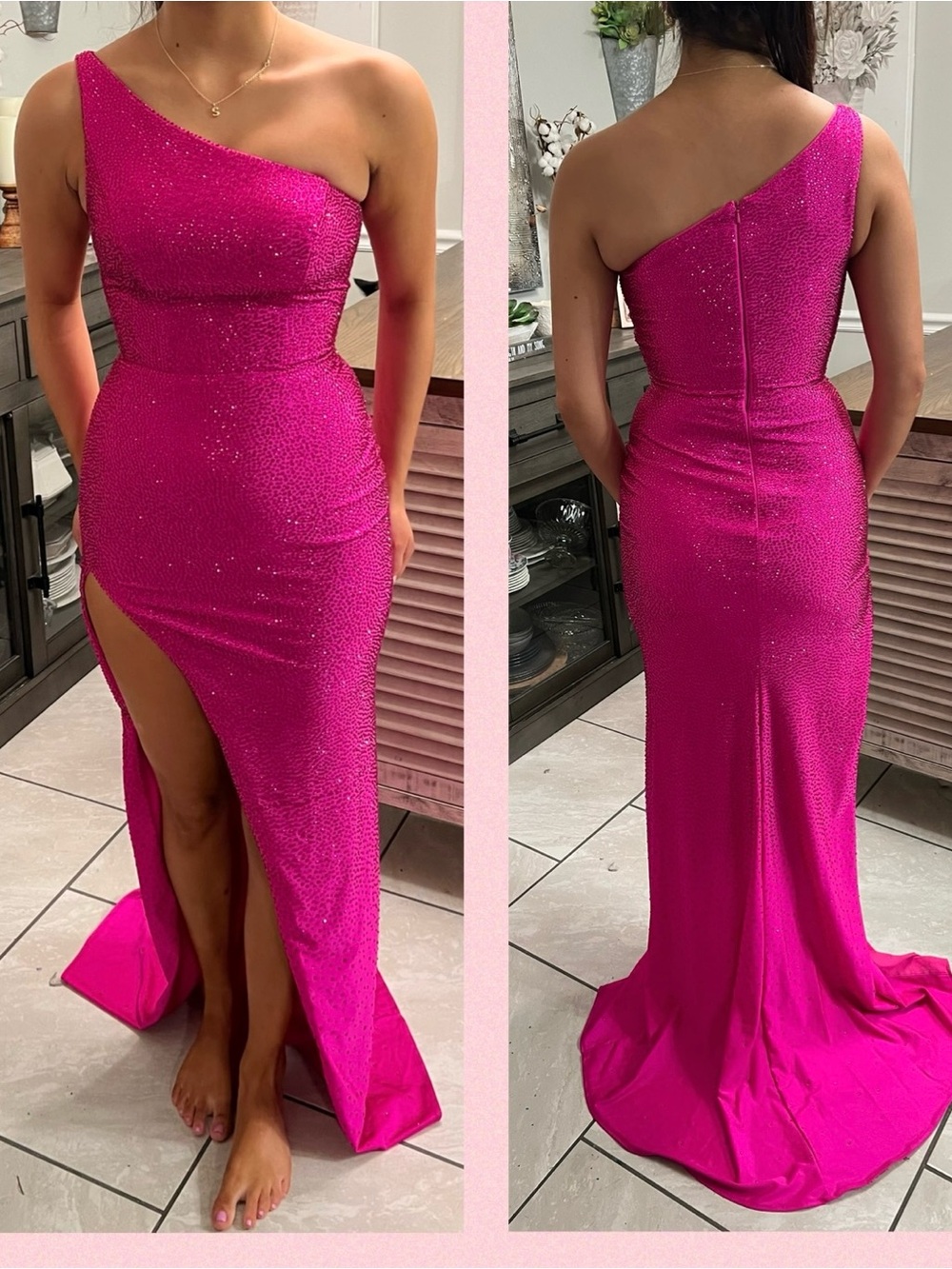 Sherri Hill Hot Pink One-Shoulder Rhinestone Prom Dress Size 0
